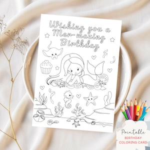 Cartão para colorir de aniversário imprimível atividade sereia cartão para colorir para crianças digital download instantâneo cartão para colorir menina diy presente feito à mão