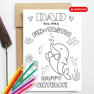 AFDRUKBARE verjaardagskaart voor papa DIY gelukkige verjaardag kleurkaart voor papa schattige dolfijn Instant Download handgemaakte kinderen ambacht cadeau voor papa