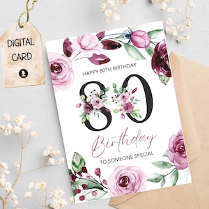 80. alles Gute zum Geburtstag Karte zum 80er Geburtstag Download leer 80er Jahre Meilenstein Geburtstagskarte für Sie Dekorative Rose Floral Zahlen