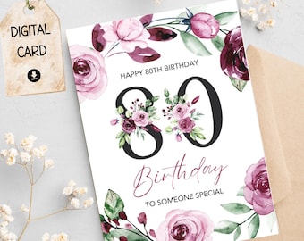 Floral 80th Birthday Card, Milestone Birthday (Digital Download)