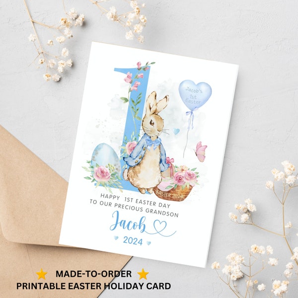 1st Easter Card for Grandson First Easter Greetings for Son Nephew Baby Boy Child Peter Rabbit Bunny Personalized Printable Gift Custom Card