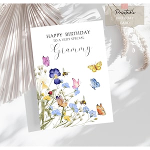 2 Versionen Happy Birthday Oma oder Grammy Karte zum ausdrucken | Sofortiger digitaler Download | Leer Interior Aquarell Wildblumen Schmetterlinge