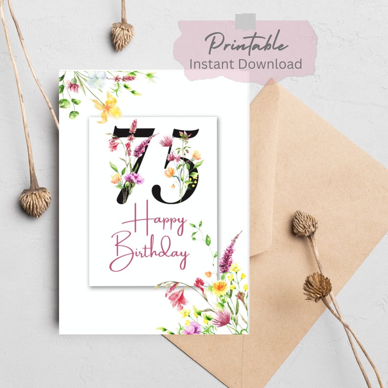 Printable 75th Happy Birthday Card Instant Download Blank Interior 75th ...