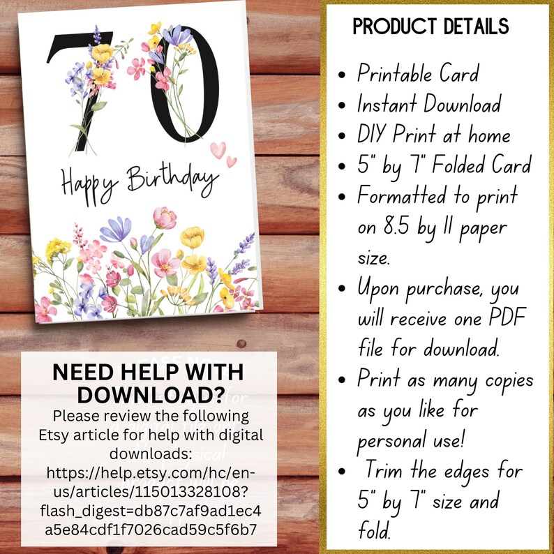 Printable 70th Birthday Card 70th Birthday Milestone Blank Card for ...