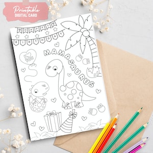 Cartão para colorir de feliz aniversário para impressão, mãe, atividade, dinossauro, cartão para colorir para crianças, cartão digital Mamasaurus, cartão para colorir infantil, faça você mesmo, feito à mão