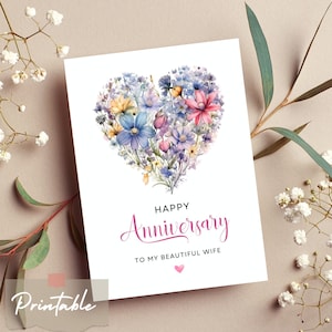 Anniversary Card Heart Anniversary Card for Wife Heart Shaped Wildflowers Watercolor Floral Printable Wedding Anniversary Flowers DIY Card