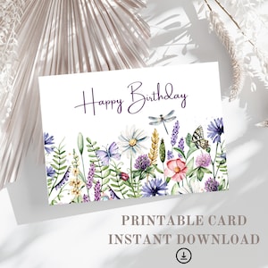 Carte d'anniversaire imprimable pour elle | Téléchargement instantané | carte de correspondance florale vierge aquarelle | Carte 7 x 5 pliée | Carte joyeux anniversaire fleurs sauvages