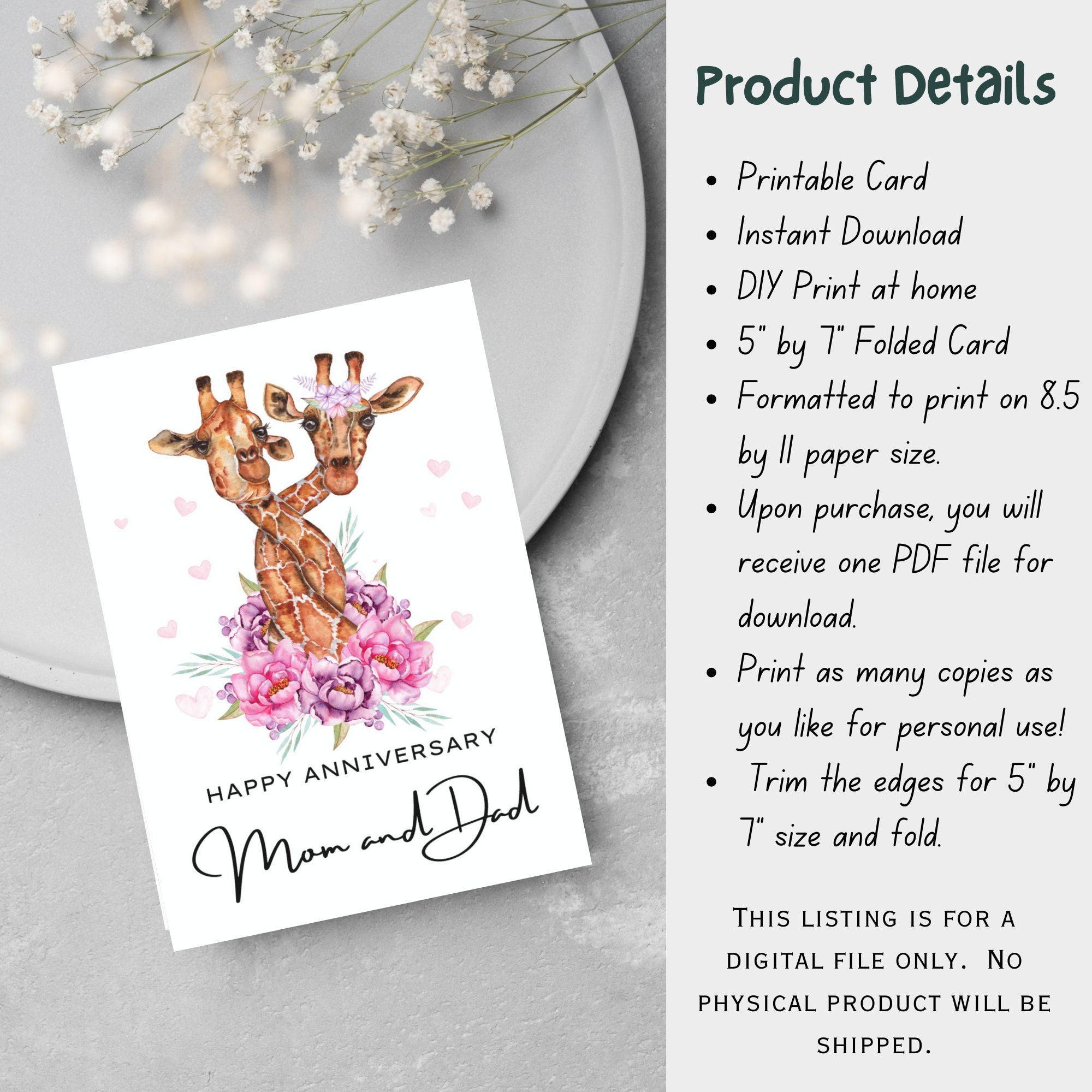 Printable Anniversary Card for Mom and Dad | Instant Download | Giraffe Watercolor | 5x7 Blank Interior Folded Card | Anniversary Wishes - Etsy printable-anniversary-card-for-mom-and-dad-instant-download-giraffe-watercolor-5x7-blank-interior-folded-card-anniversary-wishes-etsy