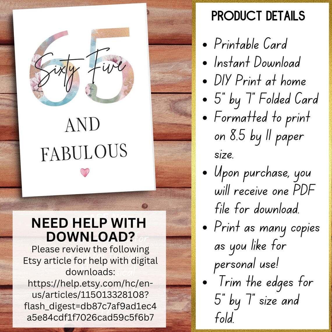 Printable 65th Happy Birthday Card DIY Instant Download Blank Interior ...