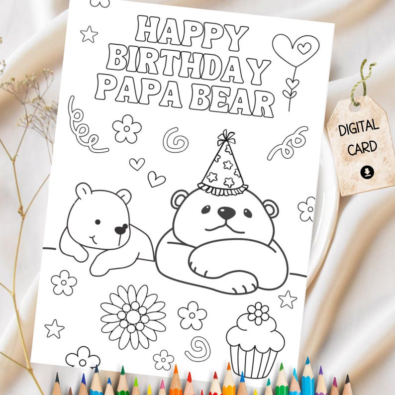 Dad Birthday Coloring Card Printable Papa Bear Kids Coloring Card DIY ...