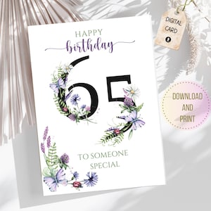Cartão de feliz aniversário de 65 anos para impressão Cartão de marco de aniversário de 65 anos para download instantâneo para ela Números florais decorativos Roxo Violeta