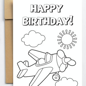 Afdrukbare Happy Birthday kleurkaart, afdrukbare kaart, thuis afdrukken, Instant Download, vliegtuig kleurkaart, urenlang plezier voor kinderen!