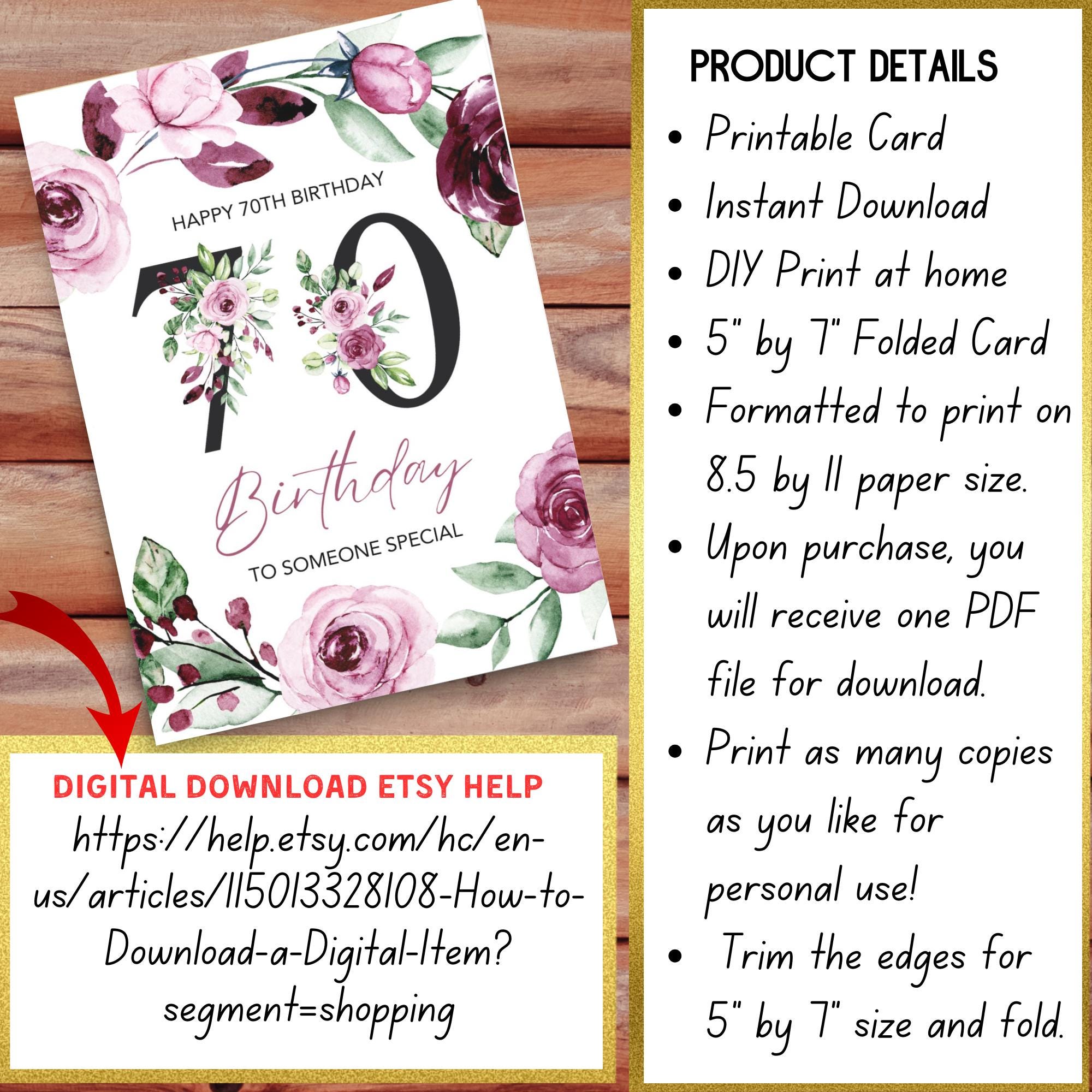 Printable 70th Happy Birthday Card Instant Download Blank Interior 70th ...