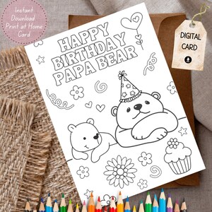Cartão de colorir de aniversário do pai para impressão Cartão de colorir infantil do papai urso DIY Cartão de colorir de aniversário do pai para o papai Presente caseiro para o pai Cartão do pai