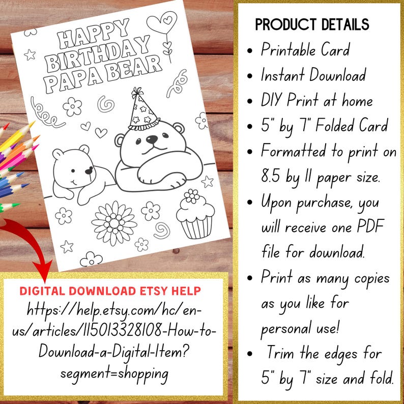 Dad Birthday Coloring Card Printable Papa Bear Kids Coloring Card DIY ...
