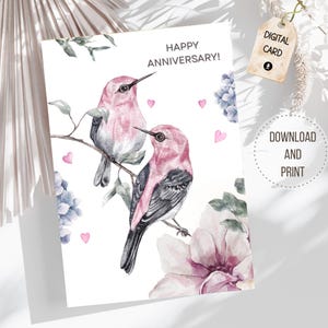 Biglietto d'auguri per anniversario stampabile / Marito / Moglie / Fidanzata / Fidanzato / Download immediato / Uccelli acquerellati / Biglietto piegato 5x7 da stampare a casa