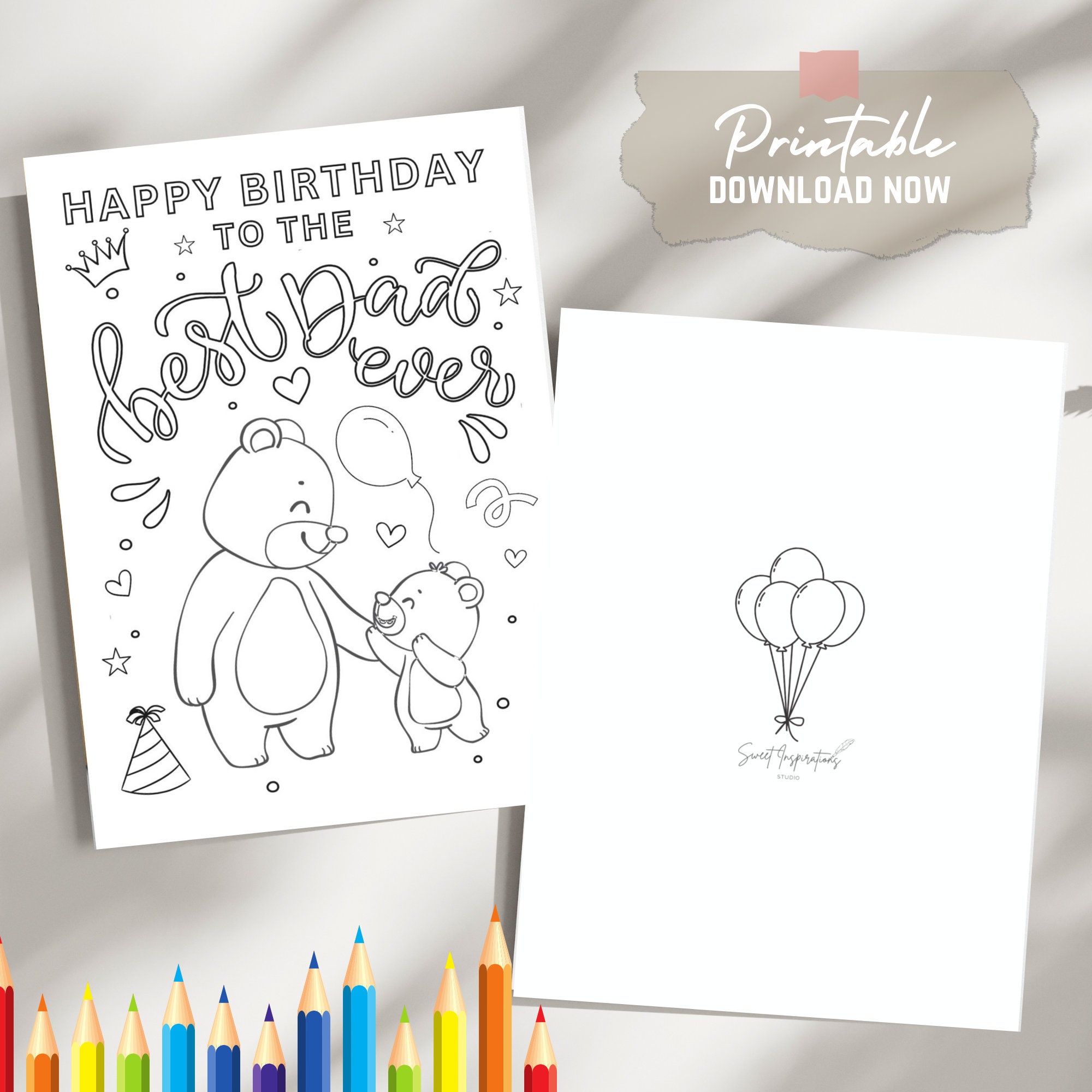 Printable Dad Birthday Coloring Card Activity Bear Dad and Baby Colouring Card Downloadable Kids ...