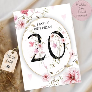 Printable 20th Happy Birthday Card Instant Download Blank Interior Birthday Milestone Card for Sister Daughter Friend Niece Granddaughter