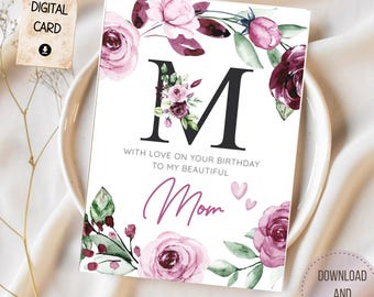 PRINTABLE Floral Birthday Card for Mom Watercolor Flowers Instant Download Digital Card from Son from Daughter DIY Print at Home