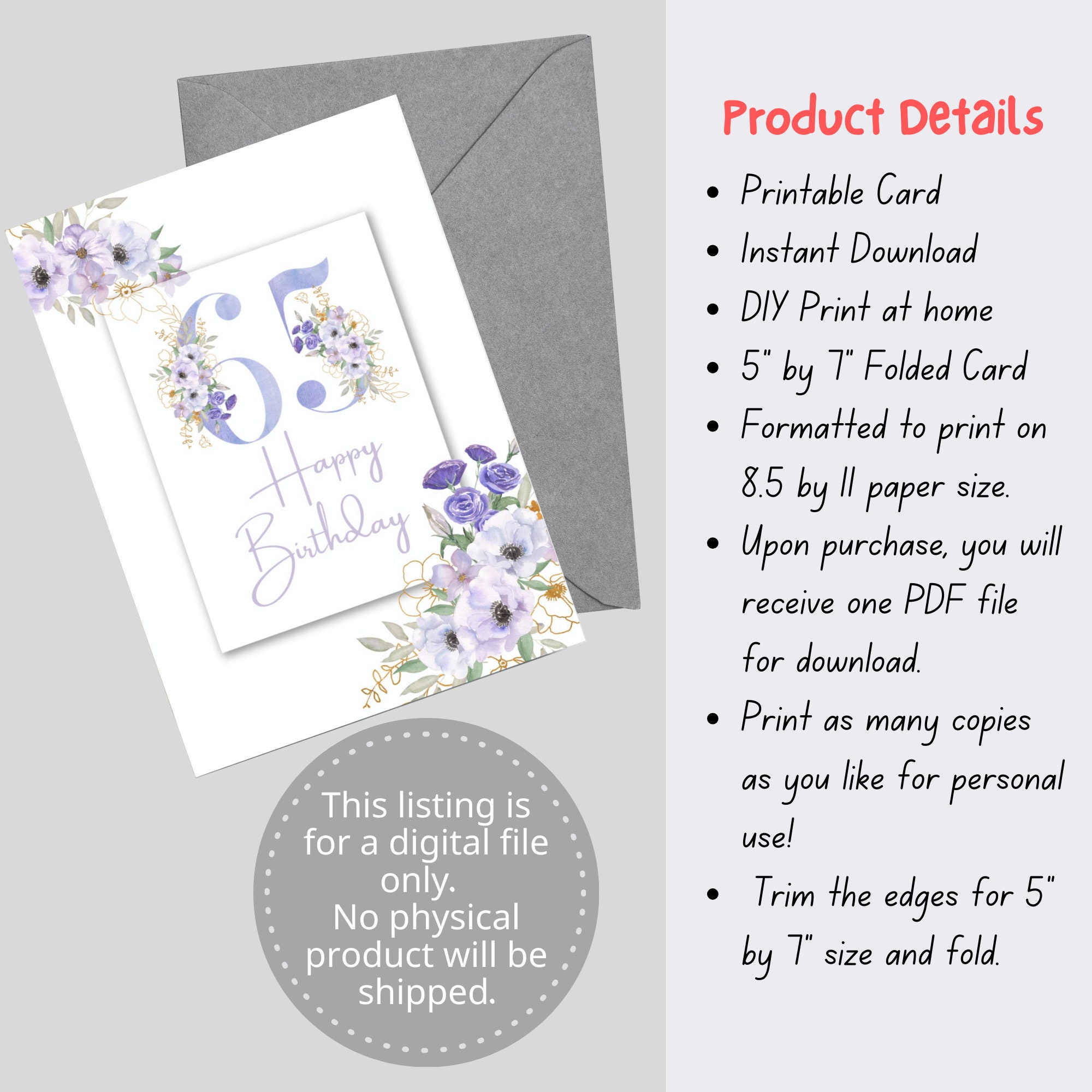 Printable 65th Happy Birthday Card Instant Download Blank Interior 65th ...