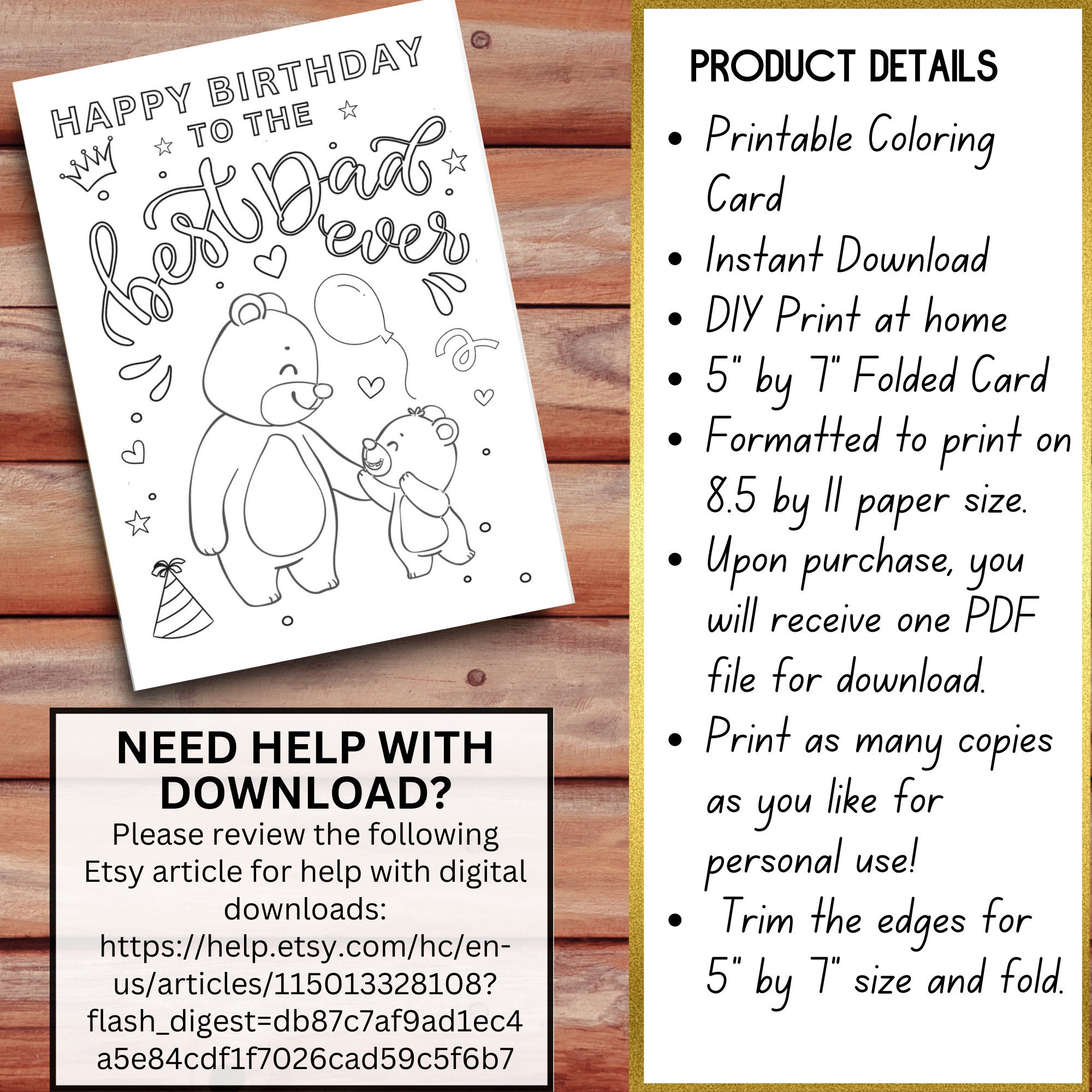 Printable Dad Birthday Coloring Card Activity Bear Dad and Baby ...