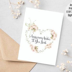 Tarjeta de aniversario imprimible para ambos / Descarga instantánea / Corona floral de acuarela / Tarjeta en blanco / Tarjeta plegada de 5x7 / Deseos de aniversario