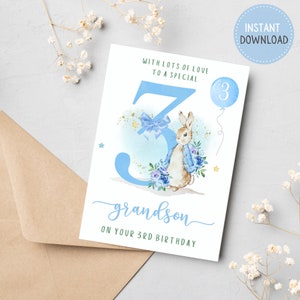 3e carte de joyeux anniversaire imprimable pour petit-fils | Téléchargement instantané | Carte d'anniversaire mignonne Peter Rabbit Boy | Carte pliée 5 x 7 cm | Intérieur vierge