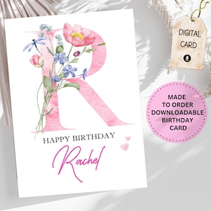 Gepersonaliseerde kaart decoratieve wilde bloemen monogram aangepaste naam verjaardagskaart wilde bloemen kaart downloaden en afdrukken voor moeder zus vriend neef