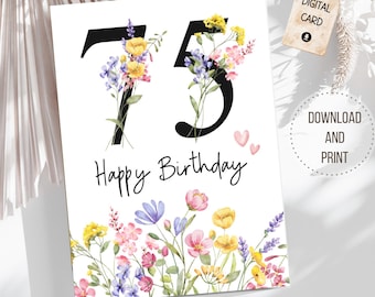 Printable 75th Birthday Card 75th Birthday Milestone Blank Card for Mom Grandma Friend Mimi Nana Aunt Niece Mother-in-Law Wildflowers