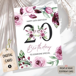 Cartão de feliz aniversário de 20 anos para impressão, download instantâneo, cartão de marco de aniversário de 20 anos em branco para ela, números florais de rosas decorativas