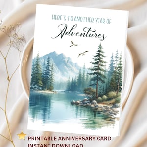 Carte d'anniversaire, carte imprimable, téléchargement numérique, Here's to Another Year of Adventure, mariage, rencontre, plein air, amoureux de la nature, carte de couple