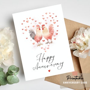 Tarjeta de aniversario Tarjeta de pollo DIY Gallina Gallo Tarjeta de pareja de San Valentín Pollos divertidos Esposa Esposo Novio Novia Saludos imprimibles