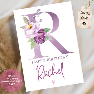 Cartão personalizado decorativo com flores roxas, monograma, nome personalizado, cartão de aniversário para mãe, irmã, amiga, prima, filha, sobrinha, avó