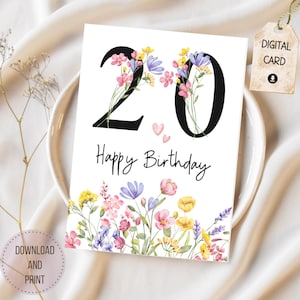 Tarjeta imprimible para el 20.º cumpleaños. Tarjeta en blanco para el 20.º cumpleaños, ideal para hija, mamá, amiga, hermana, tía, sobrina, prima, maestra. Flores silvestres. 20 años.