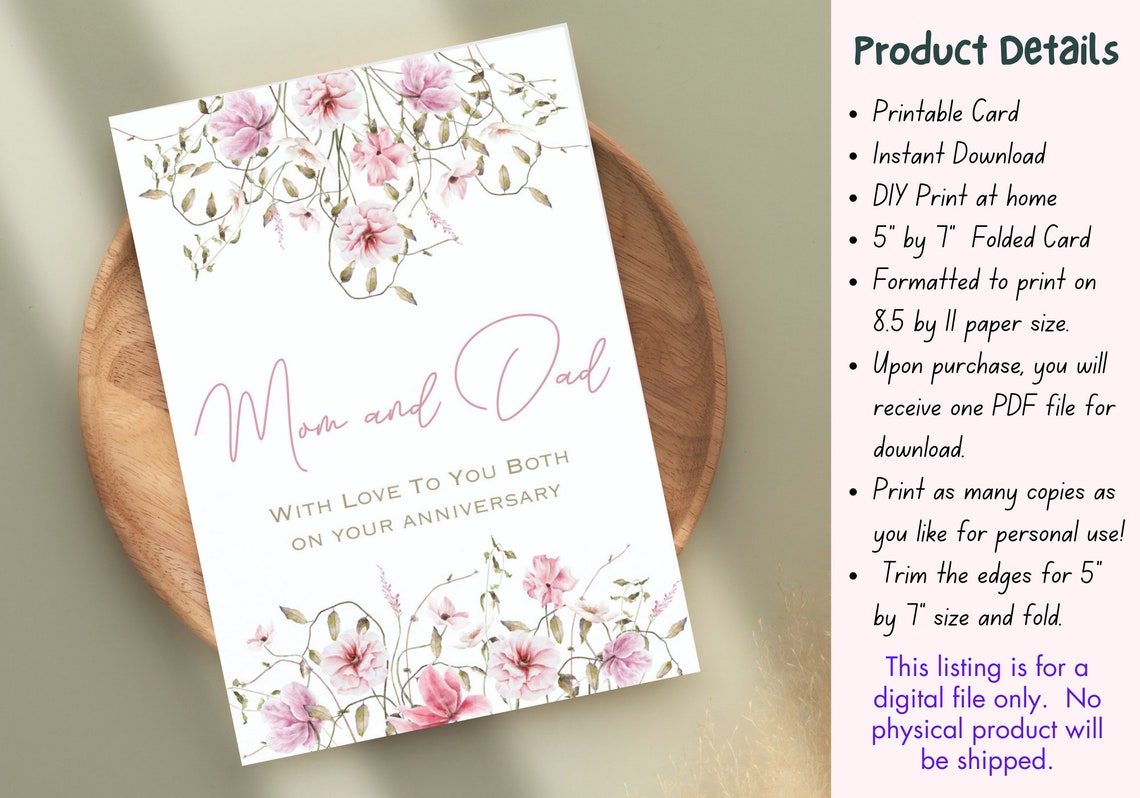 Anniversary Card for Parents Happy Anniversary Mom and Dad Printable ...