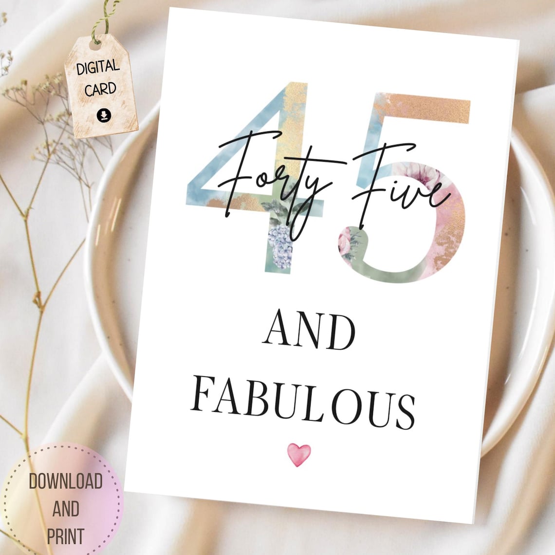 Printable 45th Happy Birthday Card DIY Instant Download Blank Interior ...