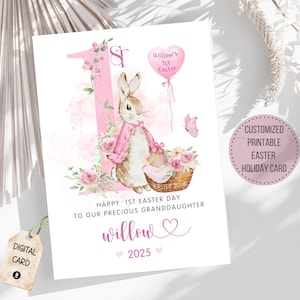 Cartão de Páscoa para impressão 1 para neta Primeira Páscoa Saudações para filha Sobrinha Bebê Menina Criança Peter Rabbit Presente personalizado personalizado
