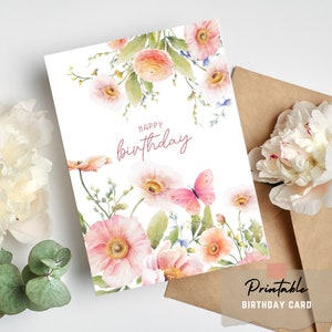 Carte d'anniversaire fleurs et papillons aquarelle pour femme maman soeur nièce tante ami belle-mère belle-soeur floral bricolage imprimable