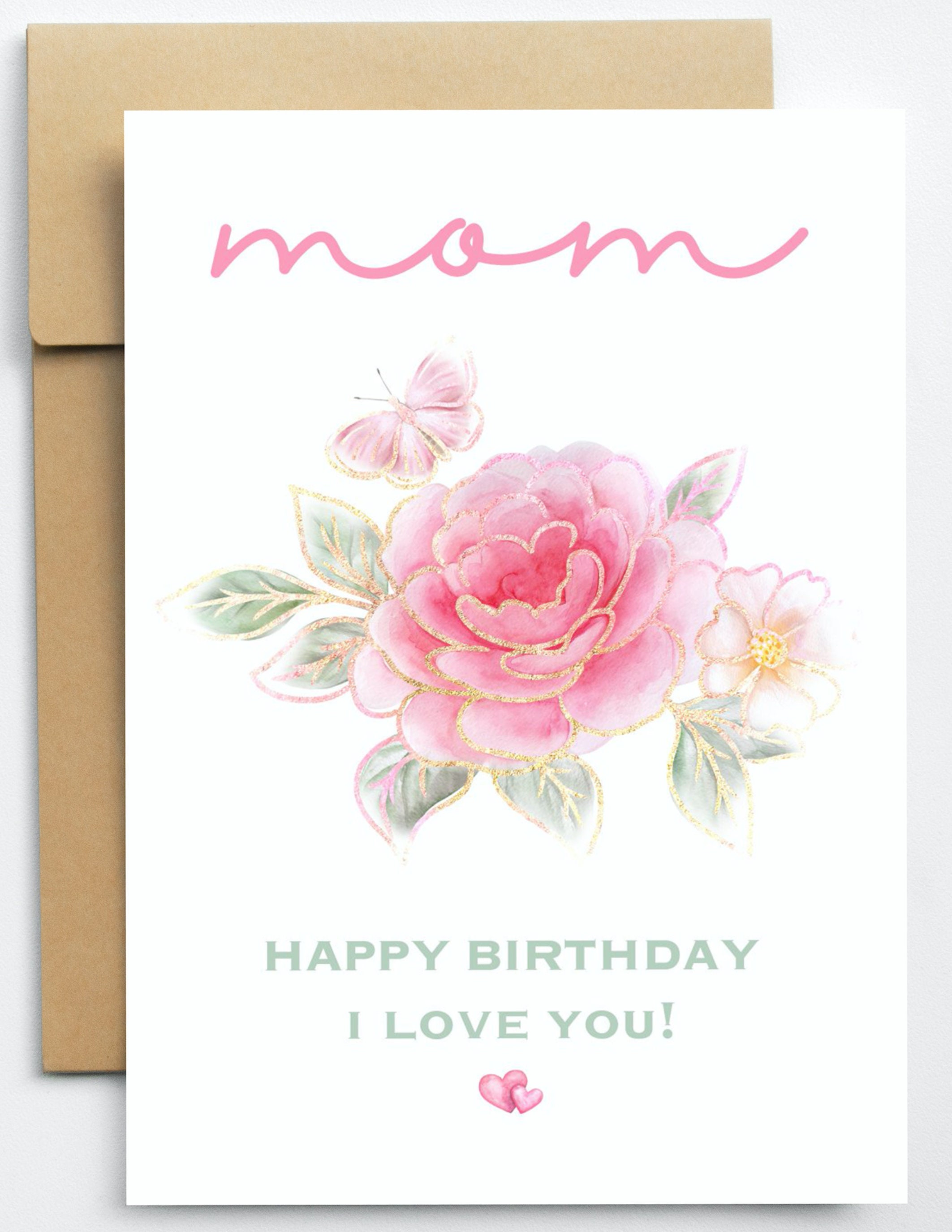 PRINTABLE Floral Birthday Card for Mom Watercolor Pink Rose and ...