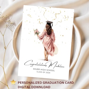 Tarjeta de graduación personalizada descargable, clase de 2025, imprimible digitalmente, tarjeta de nombre personalizada para niña, bricolaje, graduación 2025, impresión en casa