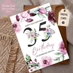 Tarjeta de feliz cumpleaños número 35 para imprimir, descargar al instante, tarjeta de felicitación de cumpleaños número 35 en blanco para ella, números florales y rosas decorativas