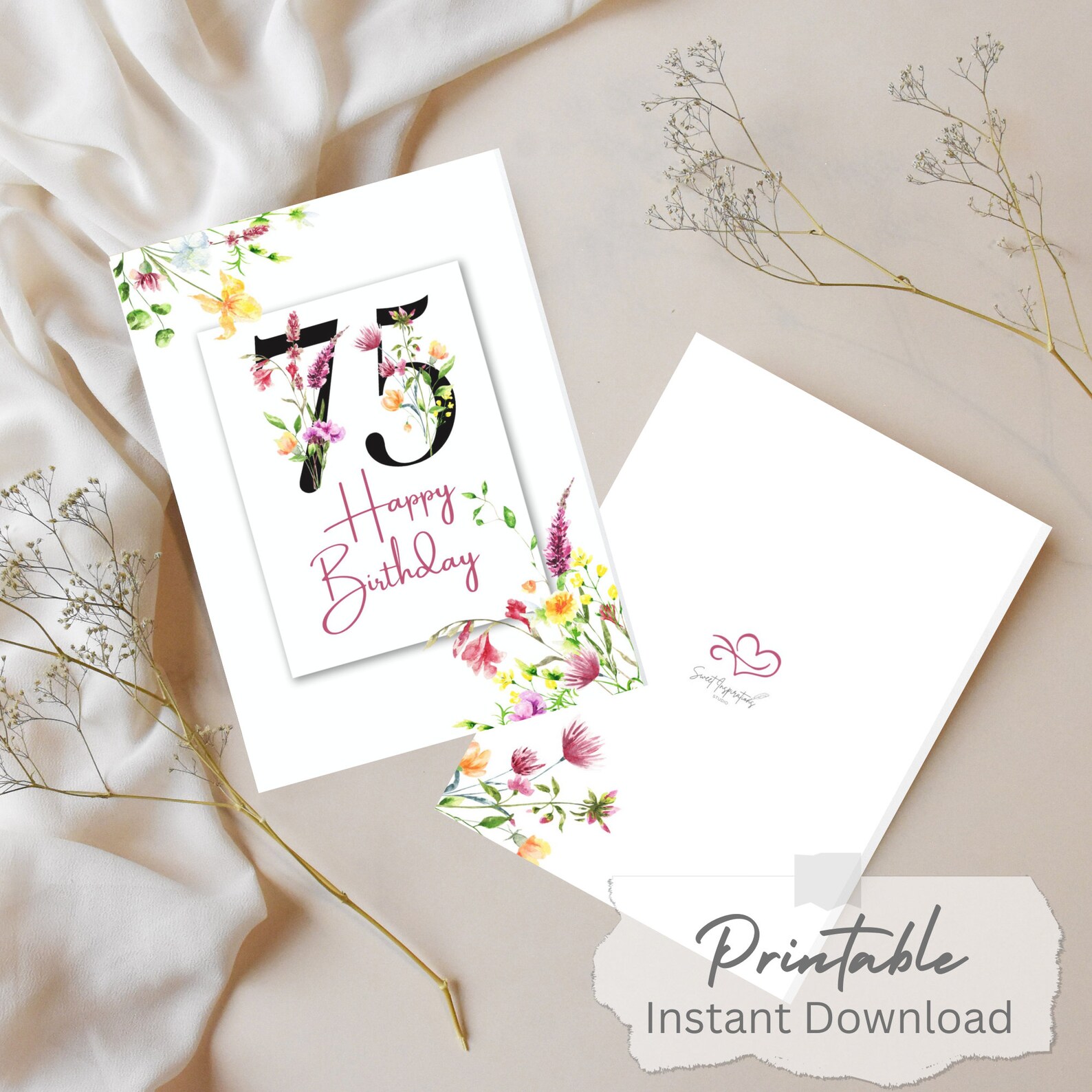 Printable 75th Happy Birthday Card | Instant Download | Blank Interior ...