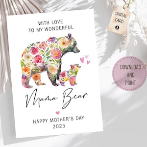 Carte de fête des mères pour maman, bébé floral et maman ours, téléchargement immédiat, impression à la maison, carte de voeux d'une fille ou d'un fils, cadeau fait main pour maman