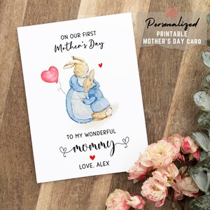 Tarjeta del Día de la Madre con acuarela de Peter Rabbit, bebé y mamá. Tarjeta imprimible para el primer día de la madre de 2025. Tarjeta personalizada para mamá.
