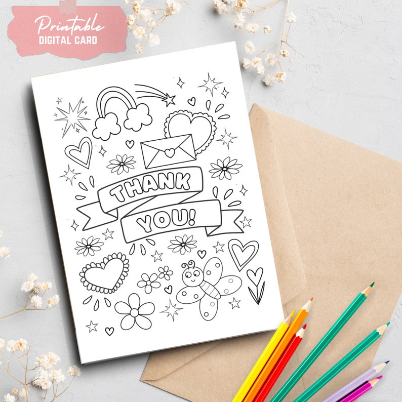 Printable Thank You Coloring Card Color Your Own DIY Fun Thank You Card