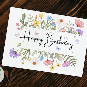 Carte d'anniversaire imprimable pour elle | Téléchargement instantané | carte de correspondance florale vierge aquarelle | Carte 7 x 5 pliée | Carte joyeux anniversaire fleurs sauvages