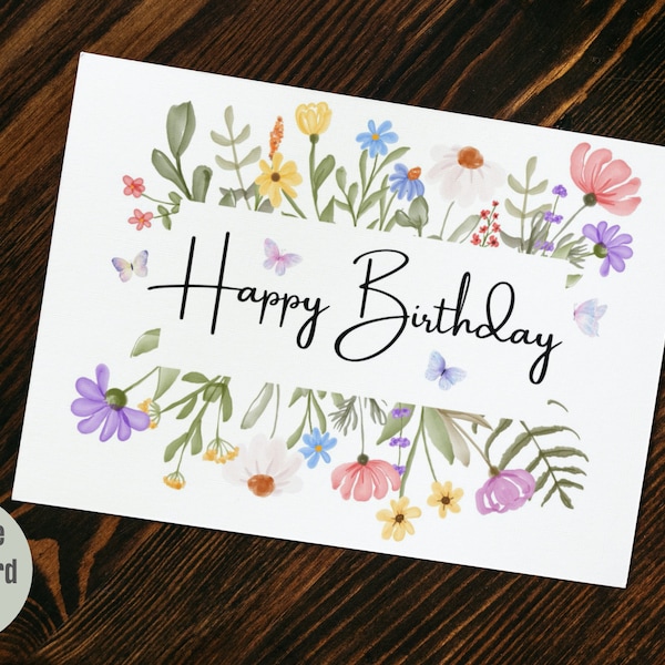 Printable Birthday Card for Her | Instant Download | Watercolor Blank Floral Note Card | Folded 7x5 Card | Wild Flowers Happy Birthday Card