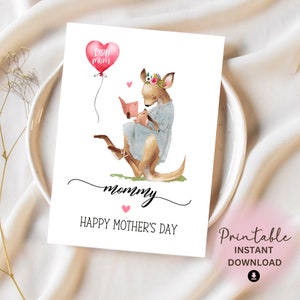 Carte de fête des mères pour maman kangourou mignon maman et bébé carte de voeux imprimable de la fille ou du fils pour mère cadeau fait main pour maman