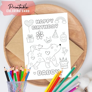 Tarjeta de cumpleaños imprimible para papá. Tarjeta para colorear de feliz cumpleaños para papá. Oso y cachorro adorables. Descarga instantánea. Manualidad infantil hecha a mano. Regalo para papá.