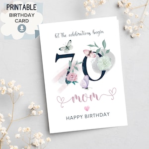 Cartão de 70º aniversário para celebrar uma mãe especial de filho de filha para impressão Setenta aniversário Presente de aniversário da mãe Flores Borboletas